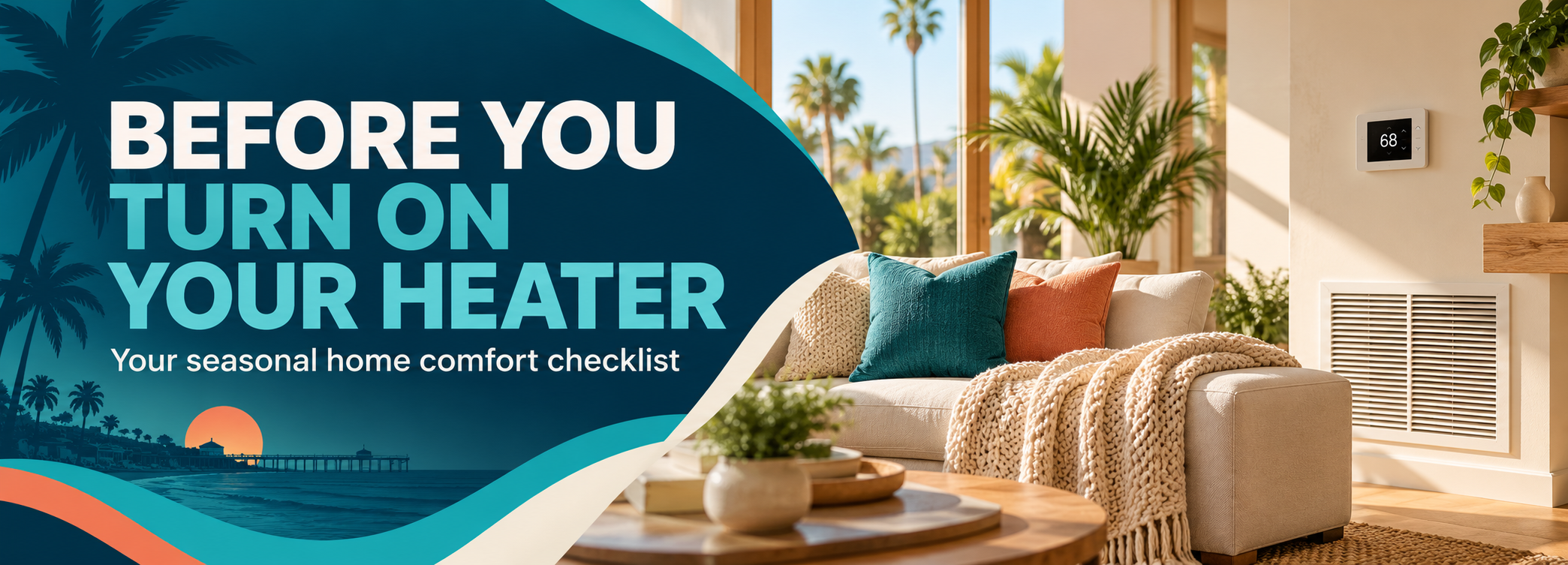 Seasonal heater checklist banner with a coastal-style living room and wall thermostat